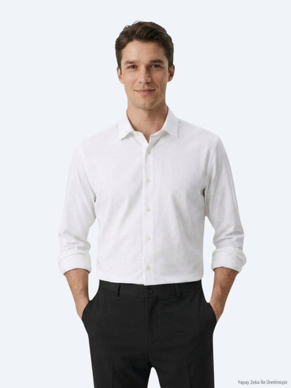 Beyaz Düz Regular Fit Uzun Dokuma Casual Pamuk Karışımlı Gömlek