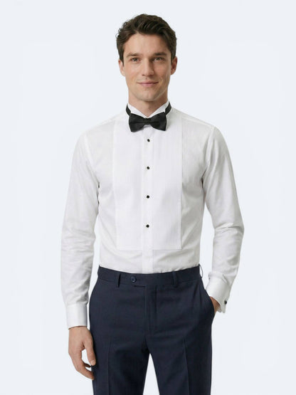 Beyaz Düz Slim Fit Duble Manşet Smokin Gömlek