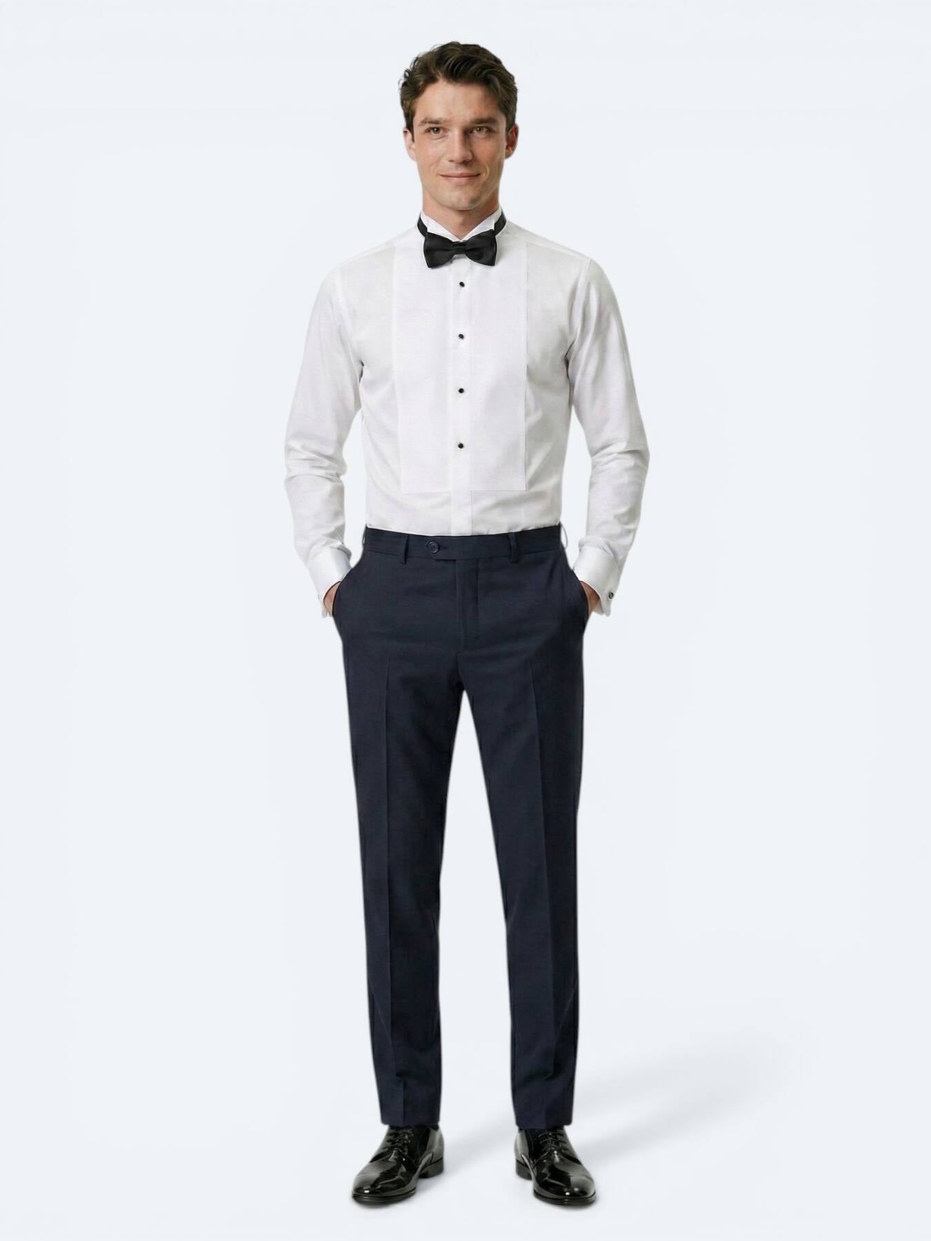 Beyaz Düz Slim Fit Duble Manşet Smokin Gömlek