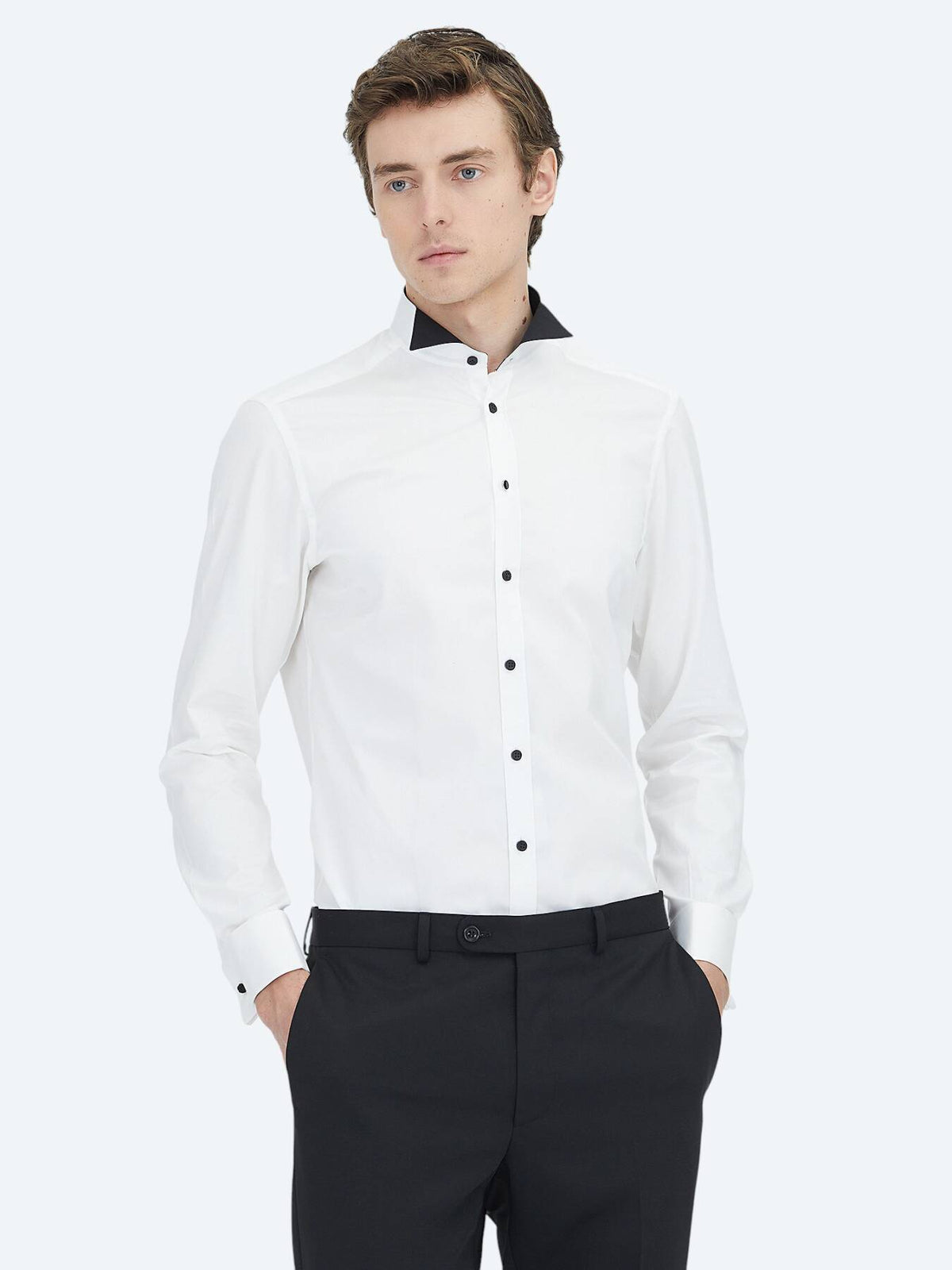 Beyaz Düz Slim Fit Duble Manşet Ata Yaka Smokin Gömlek