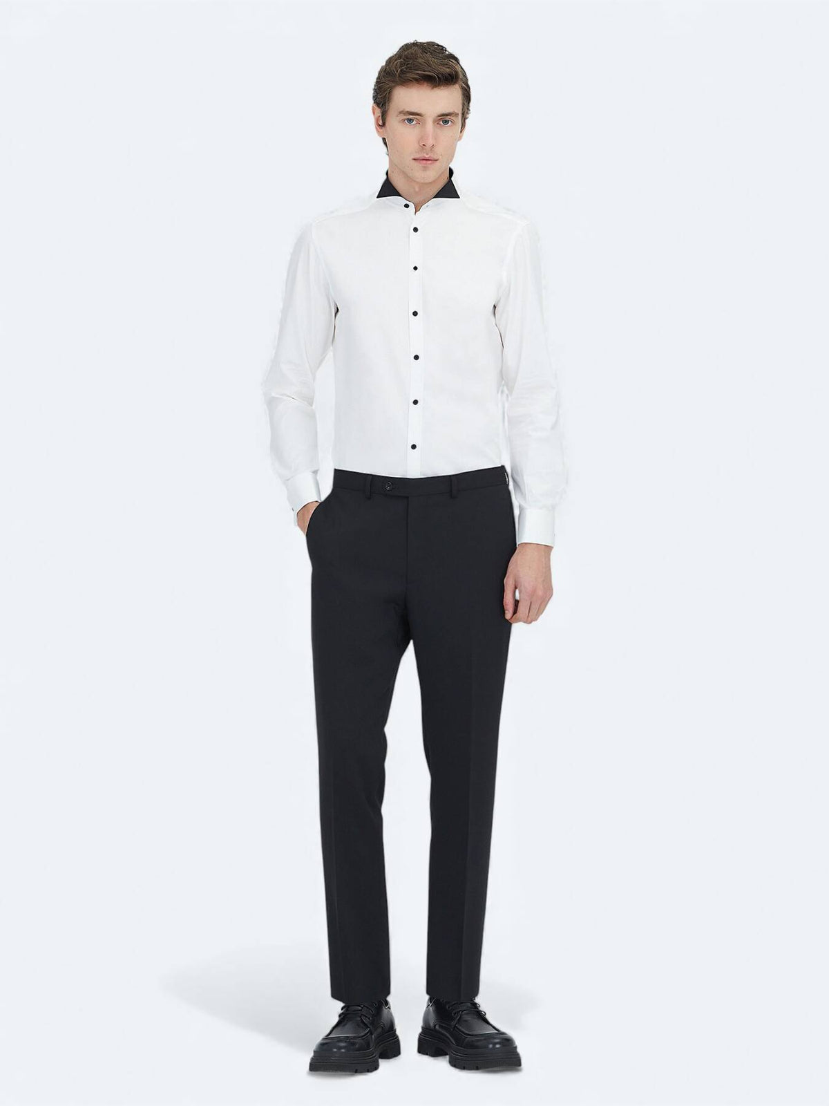 Beyaz Düz Slim Fit Duble Manşet Ata Yaka Smokin Gömlek