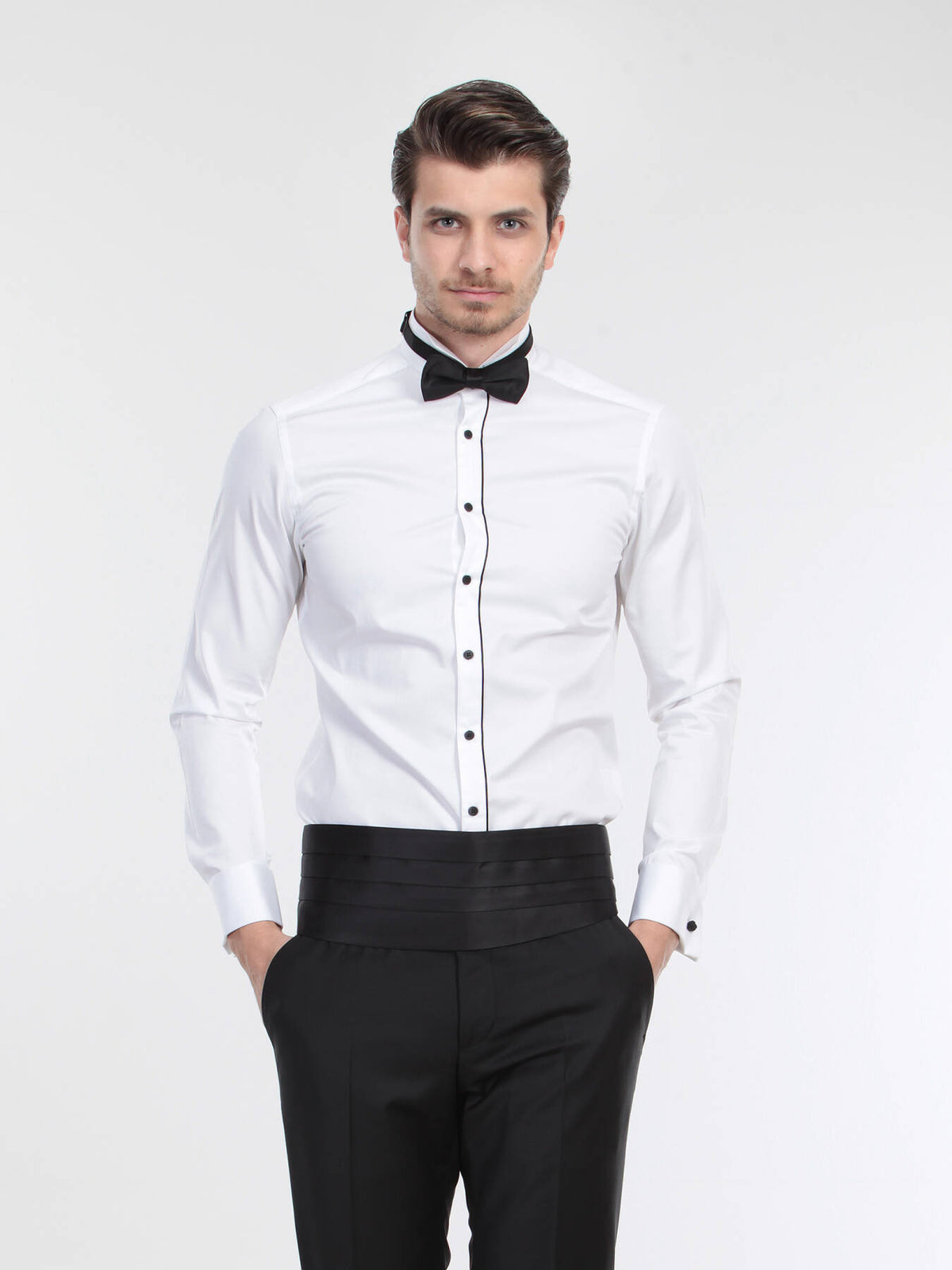 Beyaz Düz Slim Fit Duble Manşet Ata Yaka Smokin Gömlek