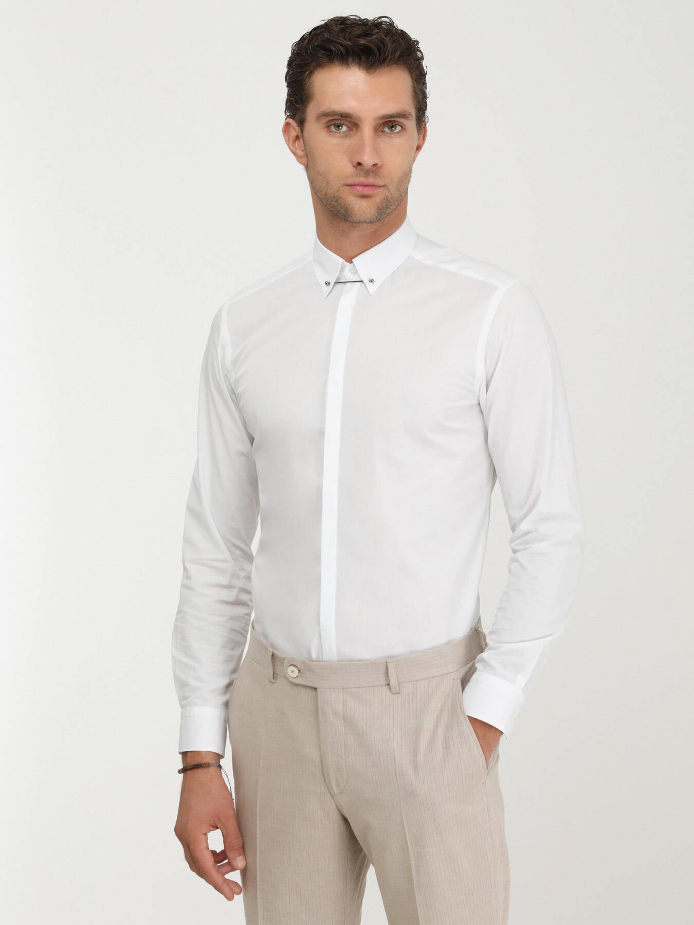 Beyaz Düz Slim Fit Düz Manşet Klasik Yaka Smokin Gömlek
