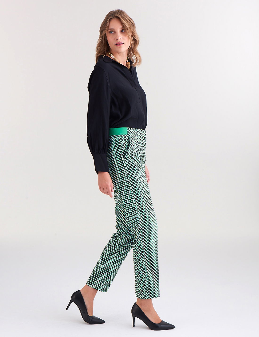 Slim Fit Desenli Yüksek Bel Pantolon