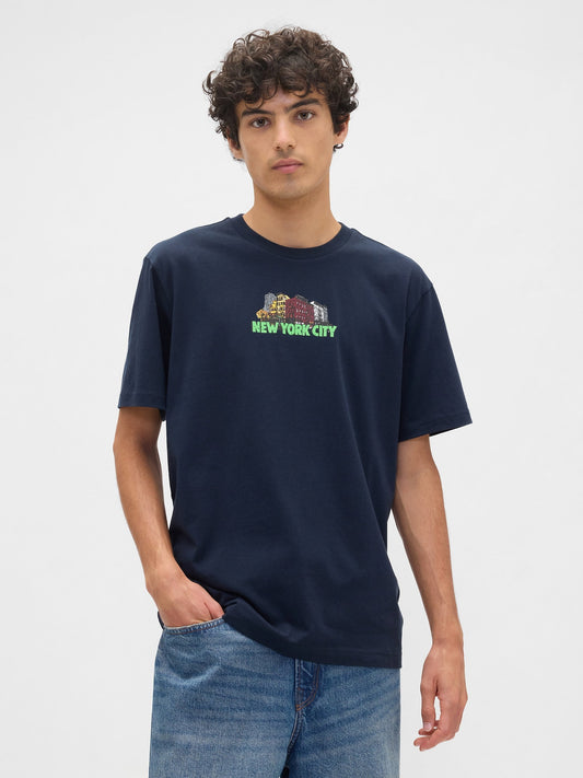 Lacivert Everyday Soft Relaxed Grafik Baskılı T-shirt