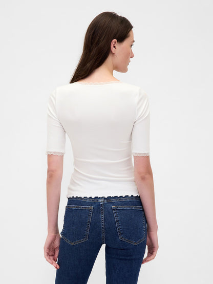 Beyaz Modal Fitilli Dantel Kenar Detaylı Square-neck T-shirt