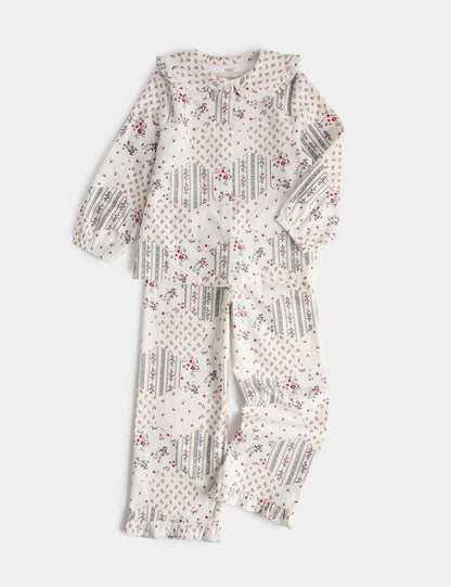 Saf Pamuklu Çiçek Desenli Patchwork Pijama Takımı