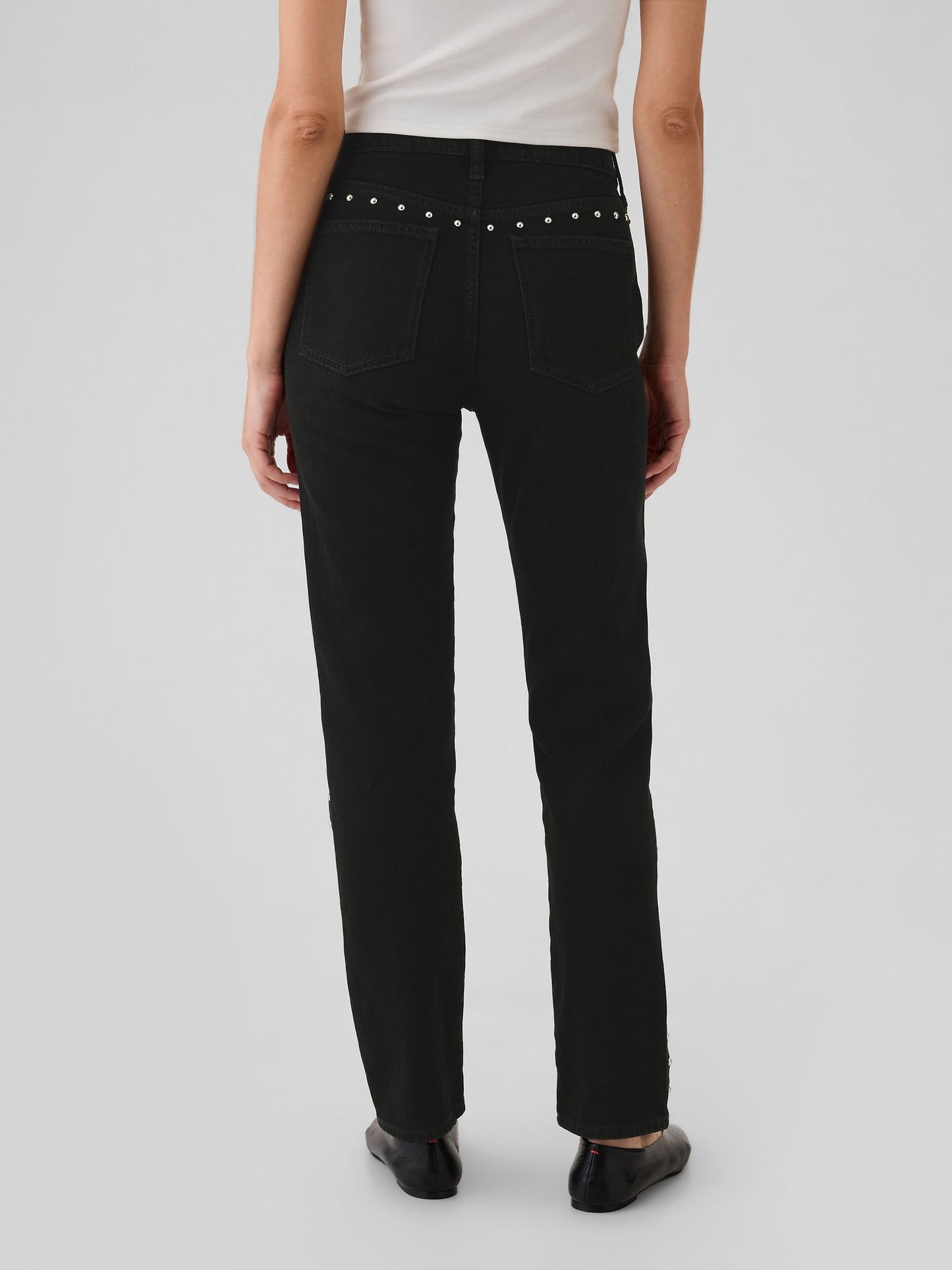 Siyah High Rise Studded '90s Straight Jean Pantolon