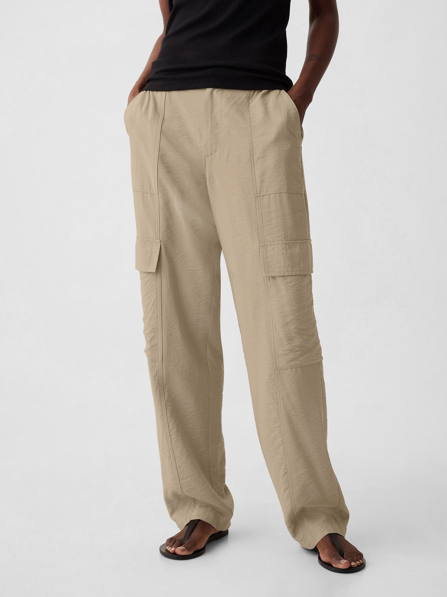 Bej Mid Rise Pull-on Kargo Pantolon