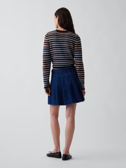 Koyu Mavi Denim Pileli Mini Etek