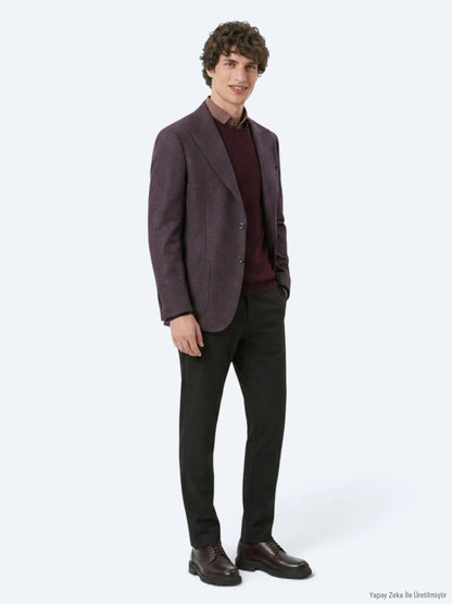 Bordo Desenli Modern Fit Yün Karışımlı Örme Ceket