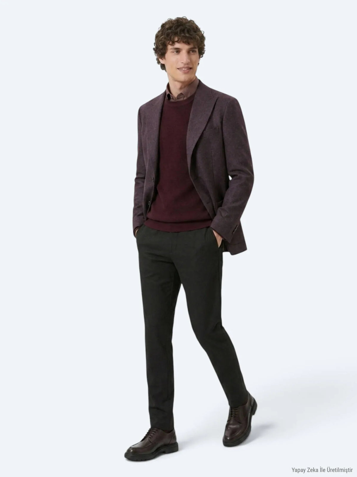Bordo Desenli Modern Fit Yün Karışımlı Örme Ceket