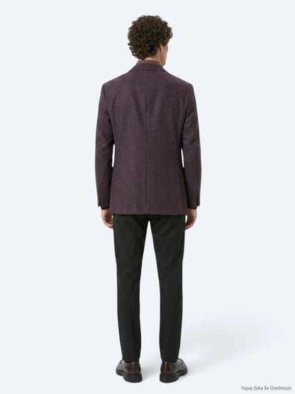 Bordo Desenli Modern Fit Yün Karışımlı Örme Ceket