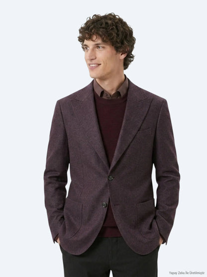 Bordo Desenli Modern Fit Yün Karışımlı Örme Ceket