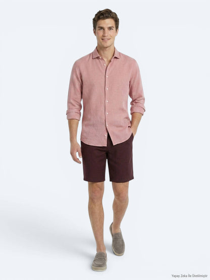 Bordo Düz Dokuma Jogging Fit Casual Pamuk Karışımlı Bermuda