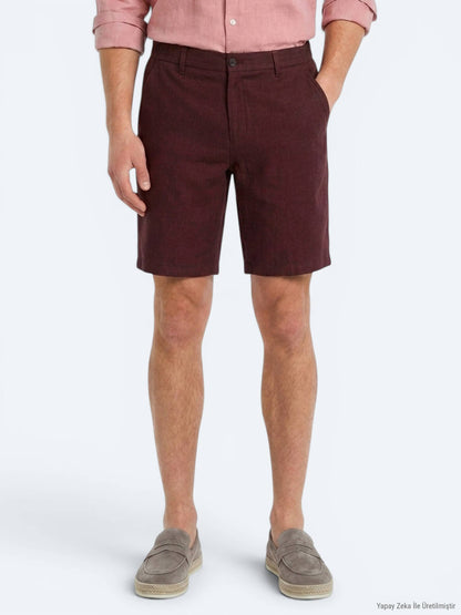 Bordo Düz Dokuma Jogging Fit Casual Pamuk Karışımlı Bermuda