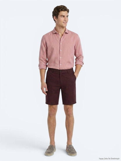 Bordo Düz Dokuma Jogging Fit Casual Pamuk Karışımlı Bermuda