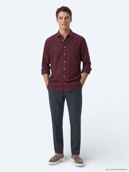 Bordo Düz Regular Fit Uzun Dokuma Casual %100 Pamuk Gömlek