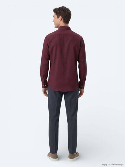 Bordo Düz Regular Fit Uzun Dokuma Casual %100 Pamuk Gömlek