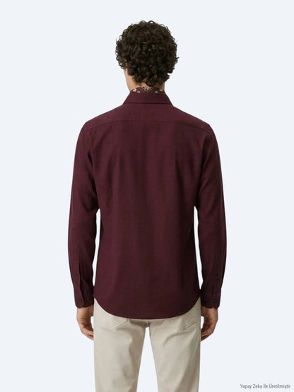 Bordo Düz Regular Fit Uzun Dokuma Casual %100 Pamuk Gömlek