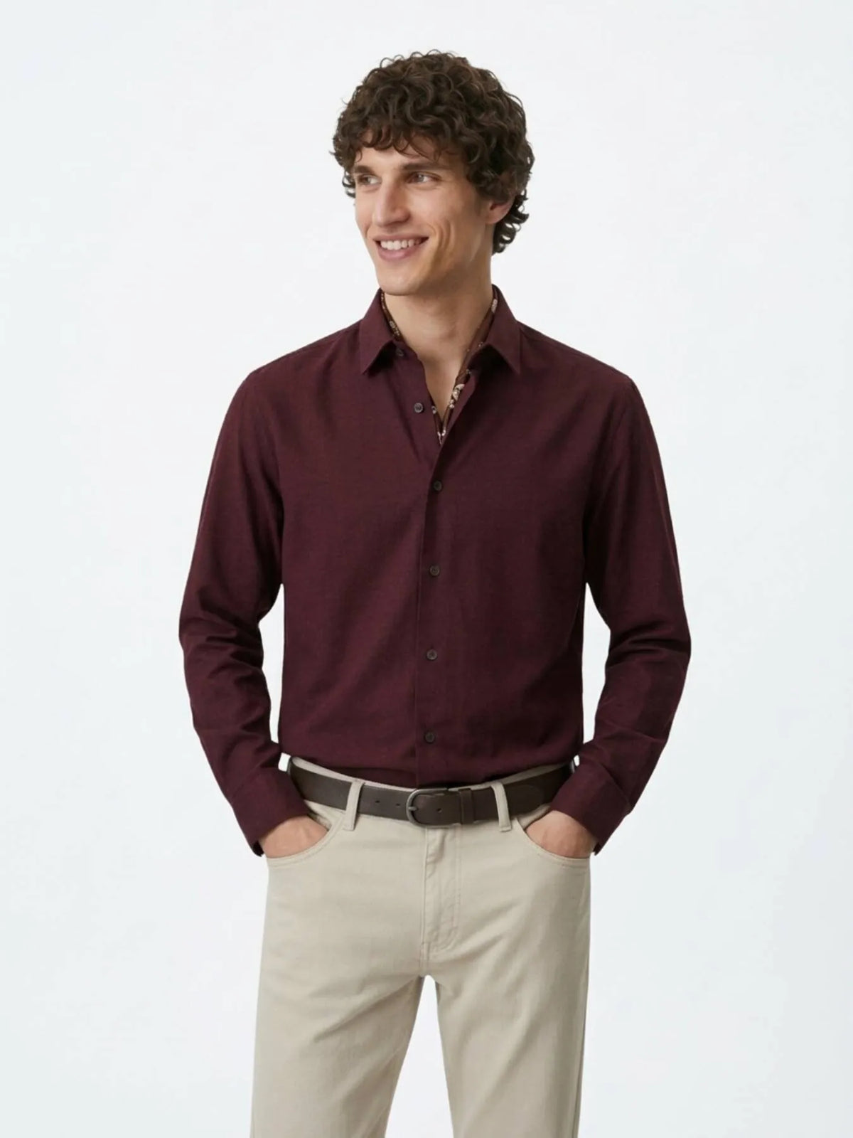 Bordo Düz Regular Fit Uzun Dokuma Casual %100 Pamuk Gömlek