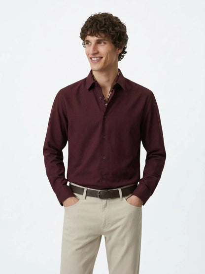 Bordo Düz Regular Fit Uzun Dokuma Casual %100 Pamuk Gömlek