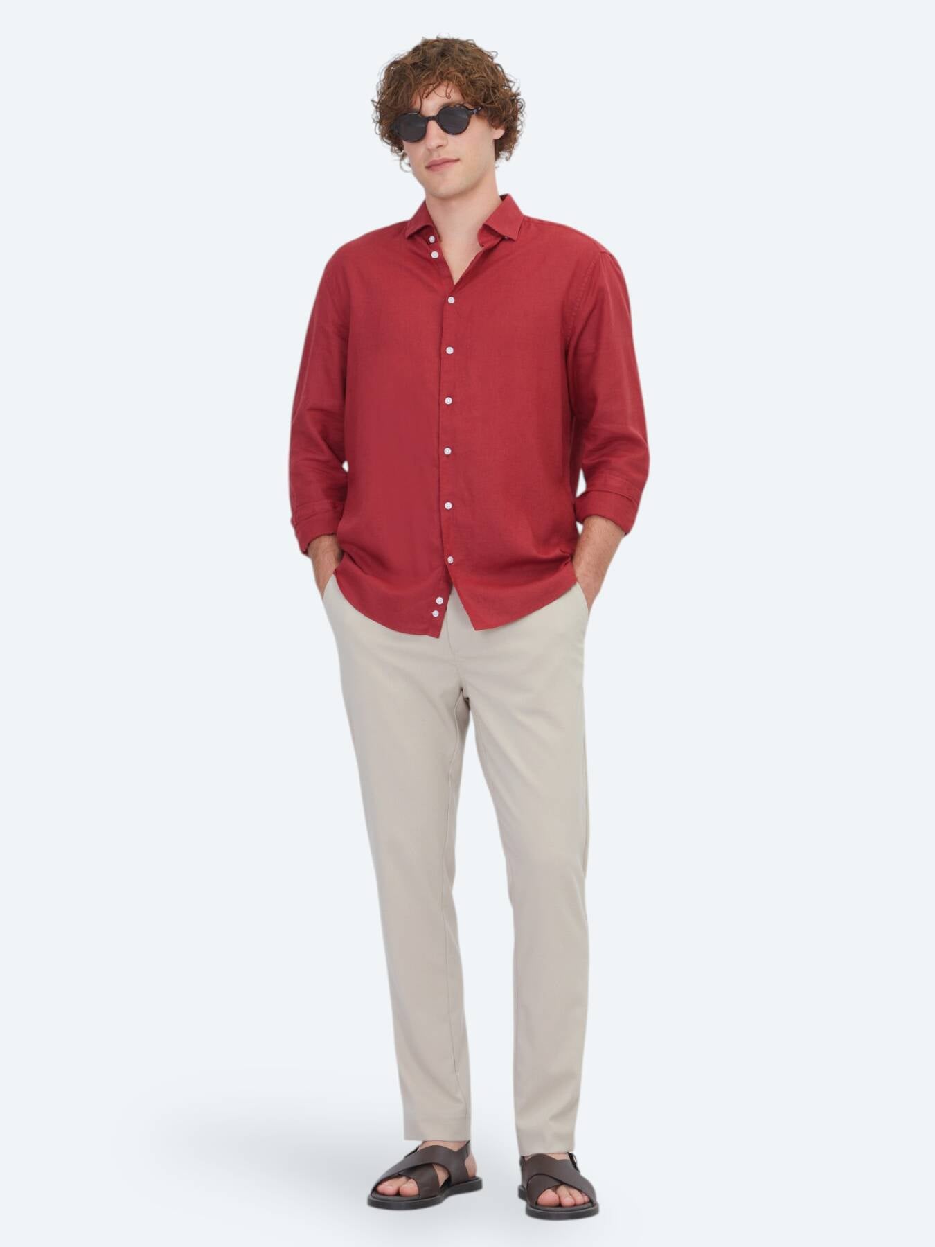 Bordo Düz Regular Fit Uzun Dokuma Casual Pamuk Karışımlı Gömlek