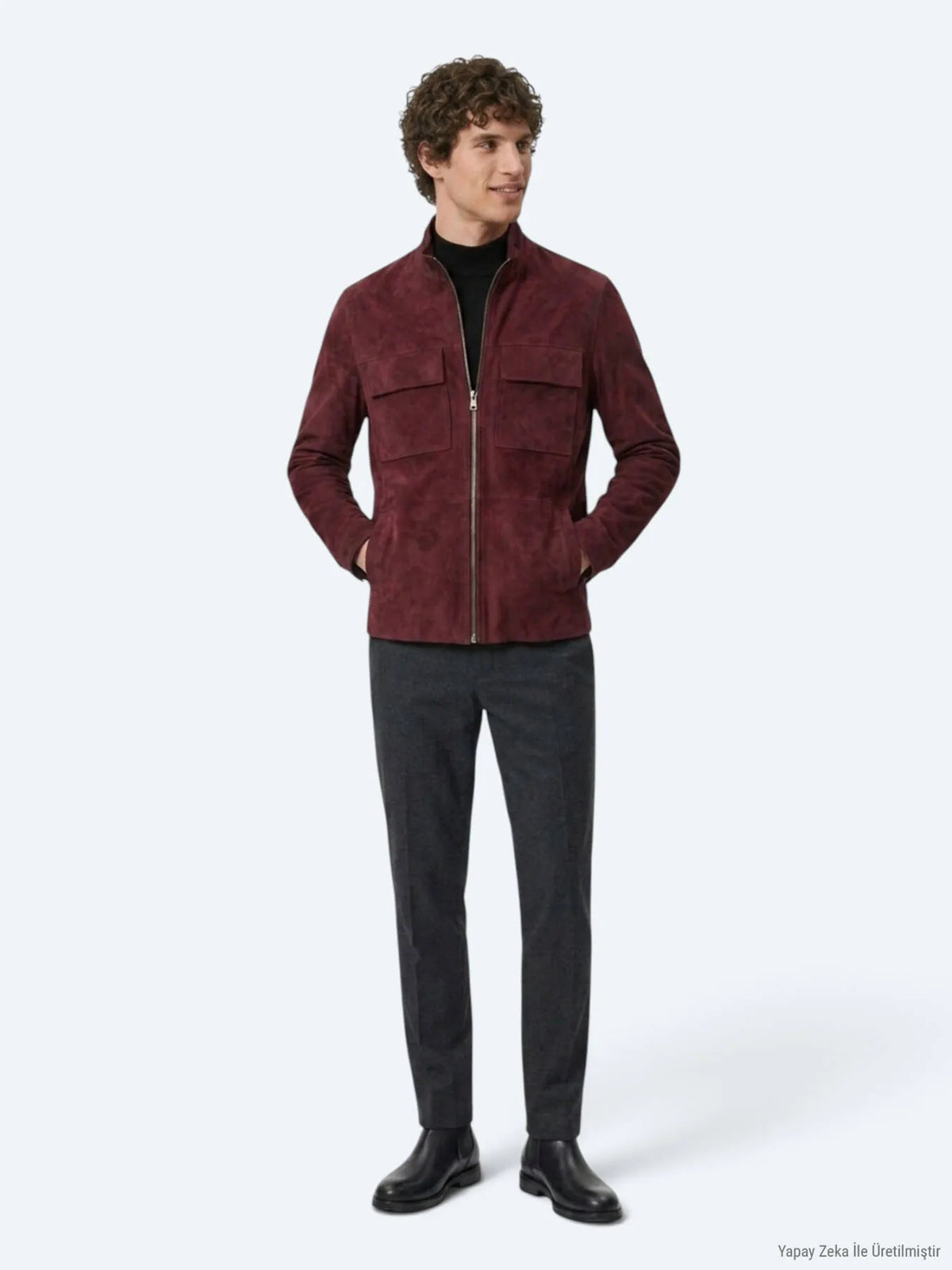 Bordo Regular Fit Dik Yaka Casual Süet Deri Mont