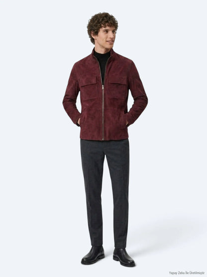 Bordo Regular Fit Dik Yaka Casual Süet Deri Mont