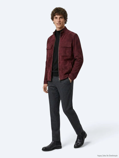 Bordo Regular Fit Dik Yaka Casual Süet Deri Mont
