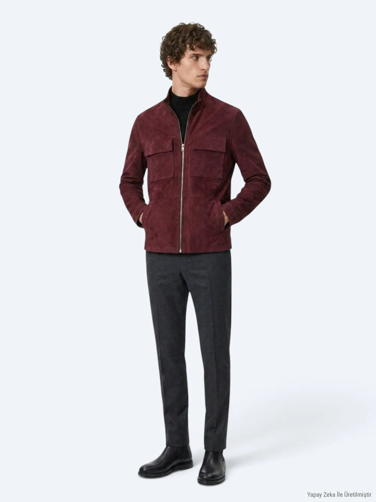 Bordo Regular Fit Dik Yaka Casual Süet Deri Mont