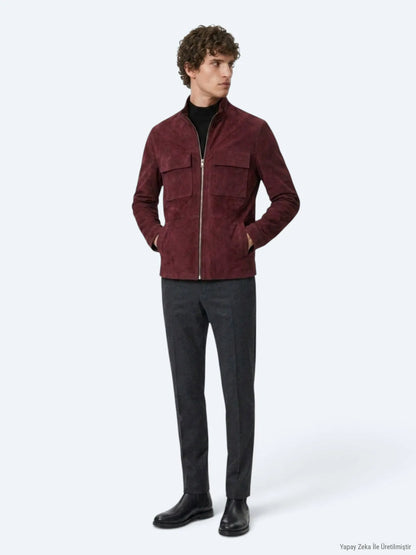 Bordo Regular Fit Dik Yaka Casual Süet Deri Mont