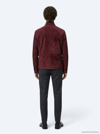 Bordo Regular Fit Dik Yaka Casual Süet Deri Mont