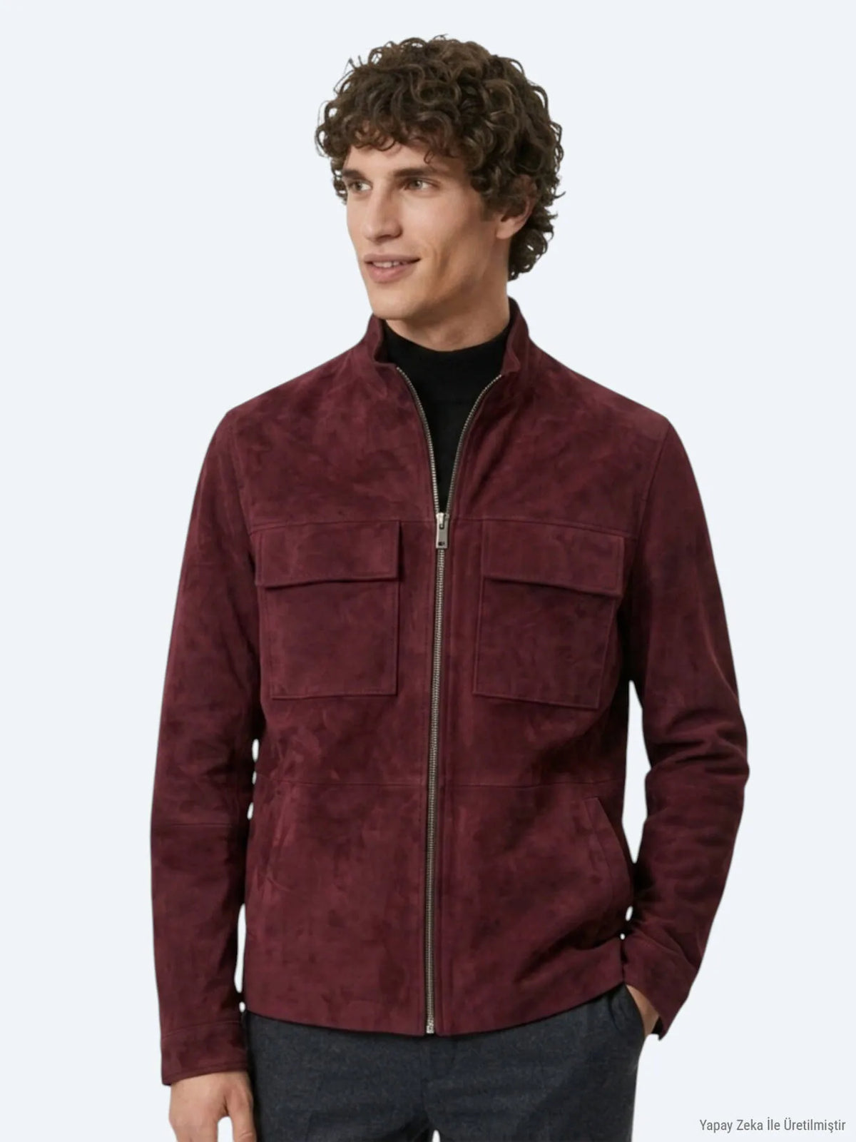 Bordo Regular Fit Dik Yaka Casual Süet Deri Mont