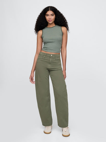 Haki High Rise Barrel Jean Pantolon
