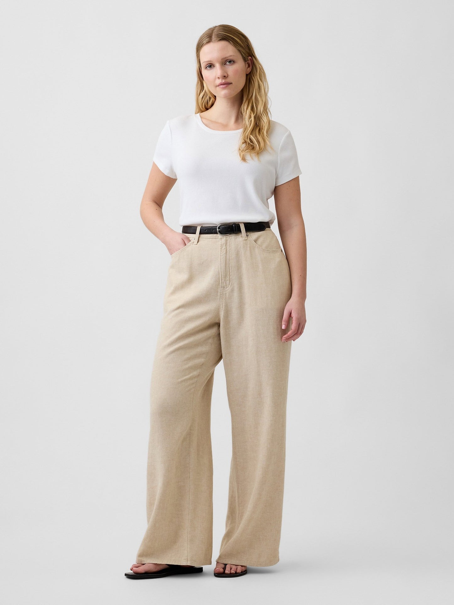 Bej High Rise Keten Karışımı Wide-leg Pantolon