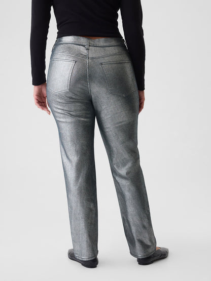Gri High Rise Metalik '90s Straight Jean Pantolon