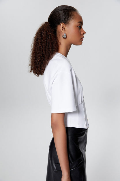 Fermuar Detaylı Beyaz Crop T-shirt