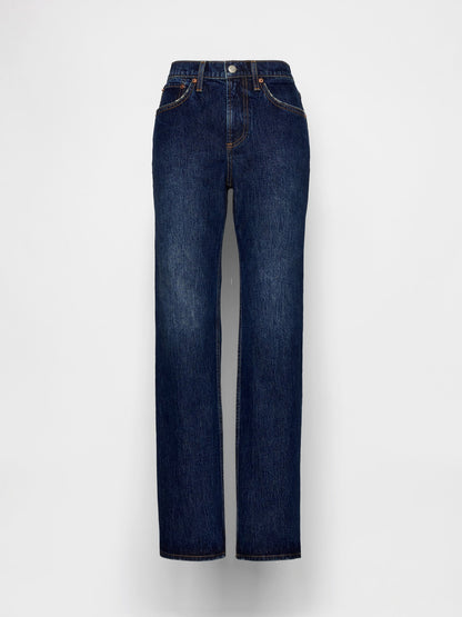Koyu Mavi Mid Rise Relaxed Straight Jean Pantolon