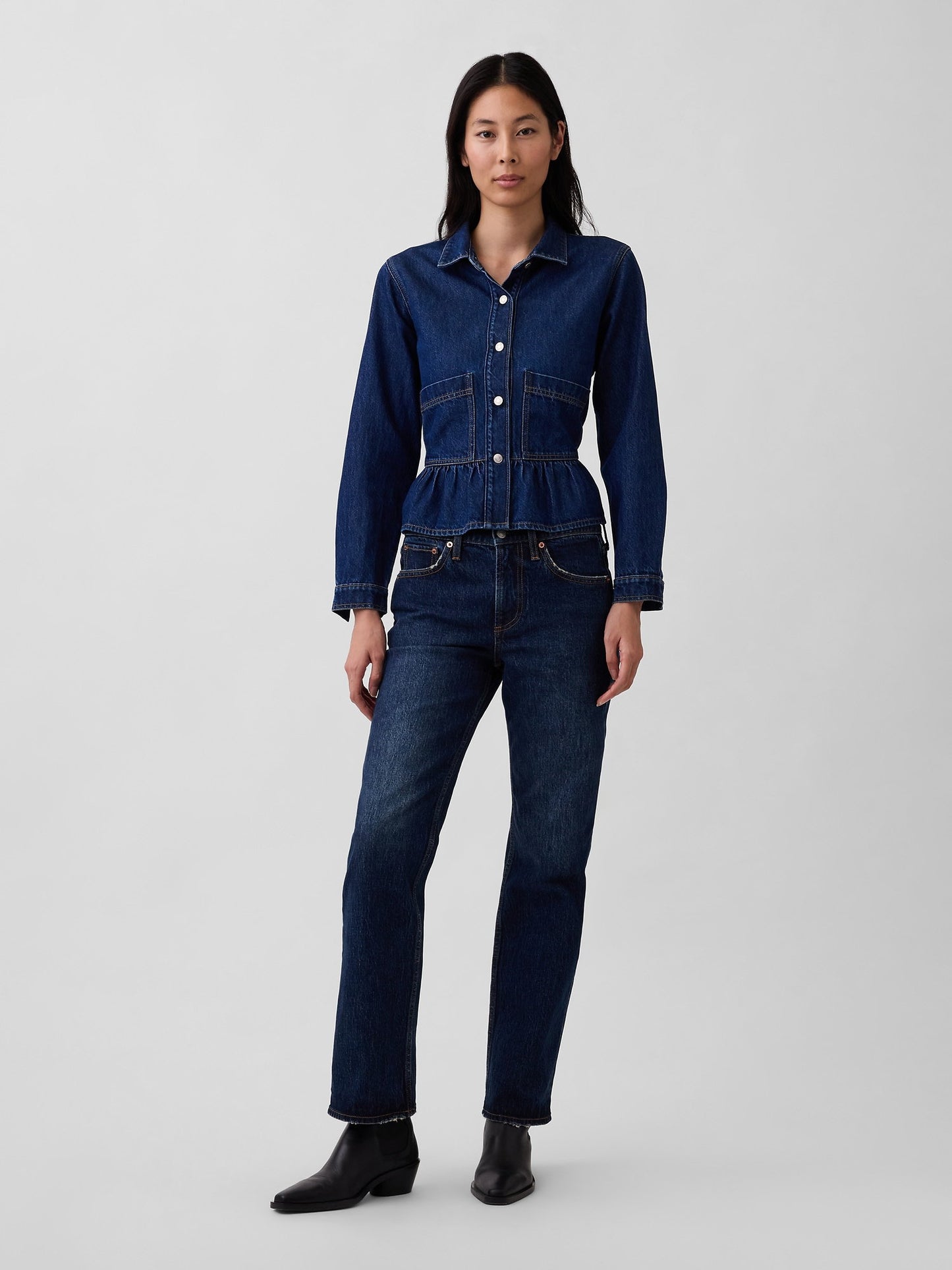 Koyu Mavi Mid Rise Relaxed Straight Jean Pantolon