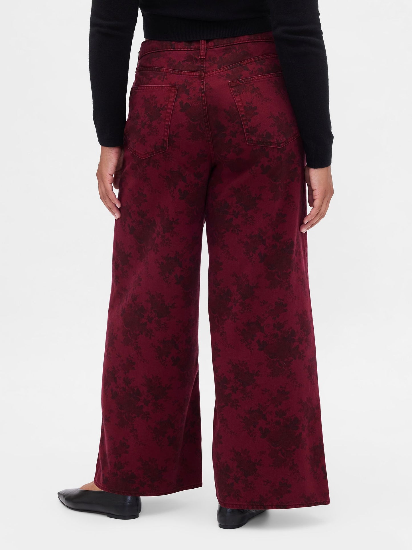 Bordo Mid Rise Çiçekli Baggy Jean Pantolon