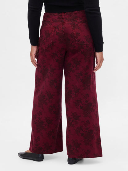 Bordo Mid Rise Çiçekli Baggy Jean Pantolon