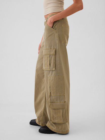 Bej Mid Rise Relaxed Kargo Pantolon