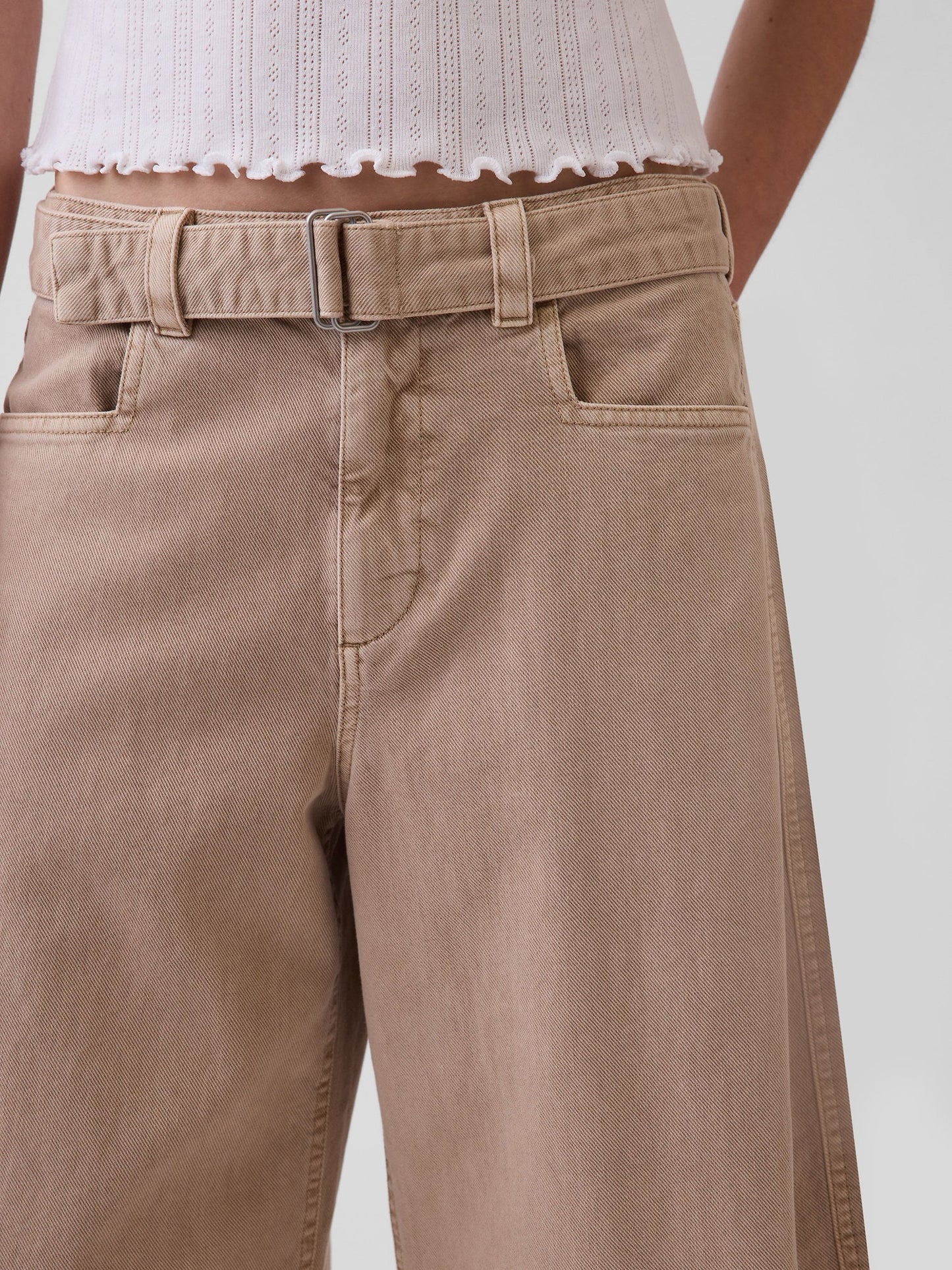 Bej Mid Rise Kemerli Culotte Barrel Pantolon
