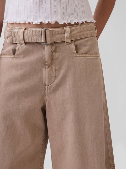 Bej Mid Rise Kemerli Culotte Barrel Pantolon