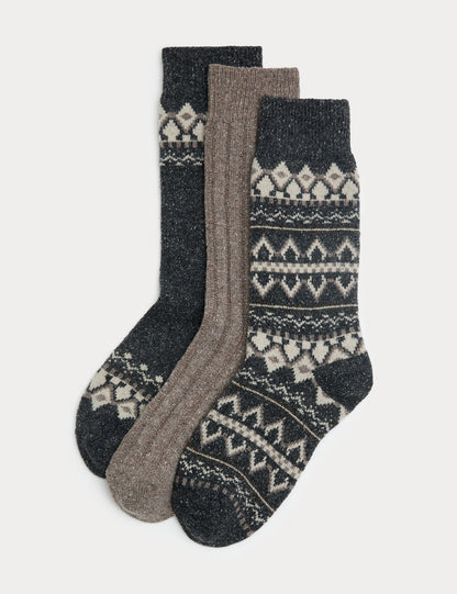3’lü Fair Isle Desenli Yün Karışımlı Çorap Seti