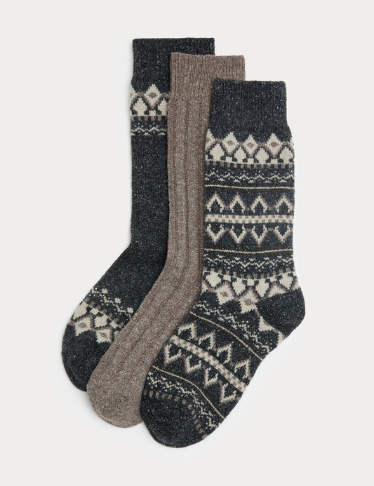 3’lü Fair Isle Desenli Yün Karışımlı Çorap Seti