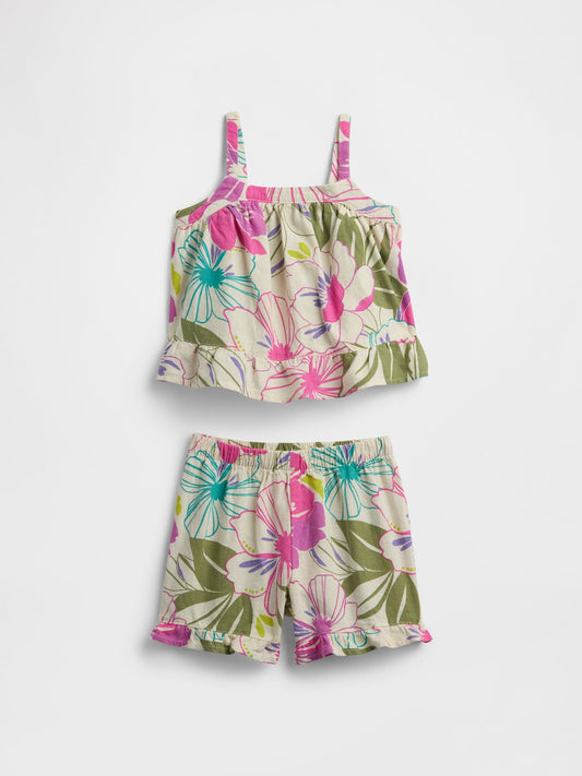 Çok Renkli Çiçek Desenli Keten Karışımlı Outfit Set