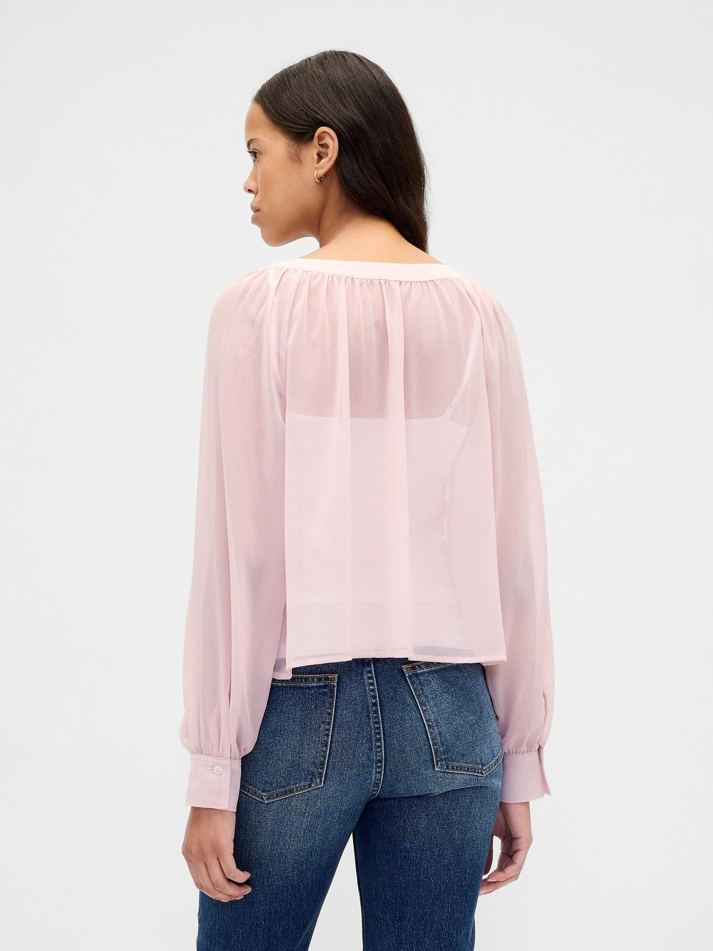 Açık Pembe Sheer Button-front Transparan Gömlek