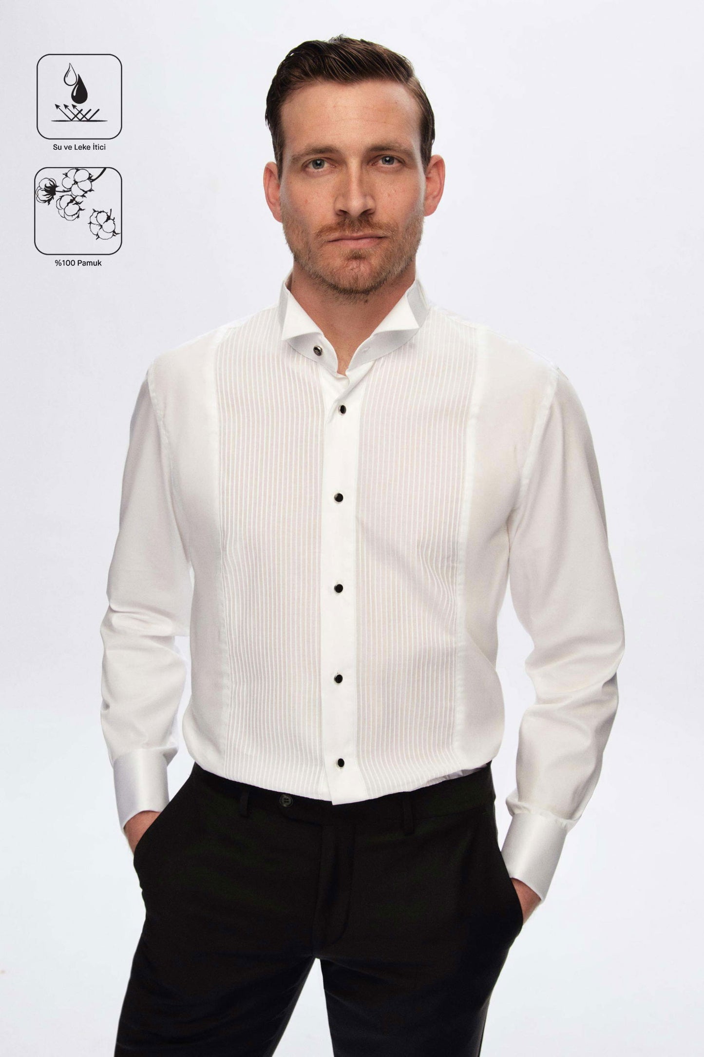 Damat Slim Fit Beyaz Jakar Desenli Smokin Gömlek